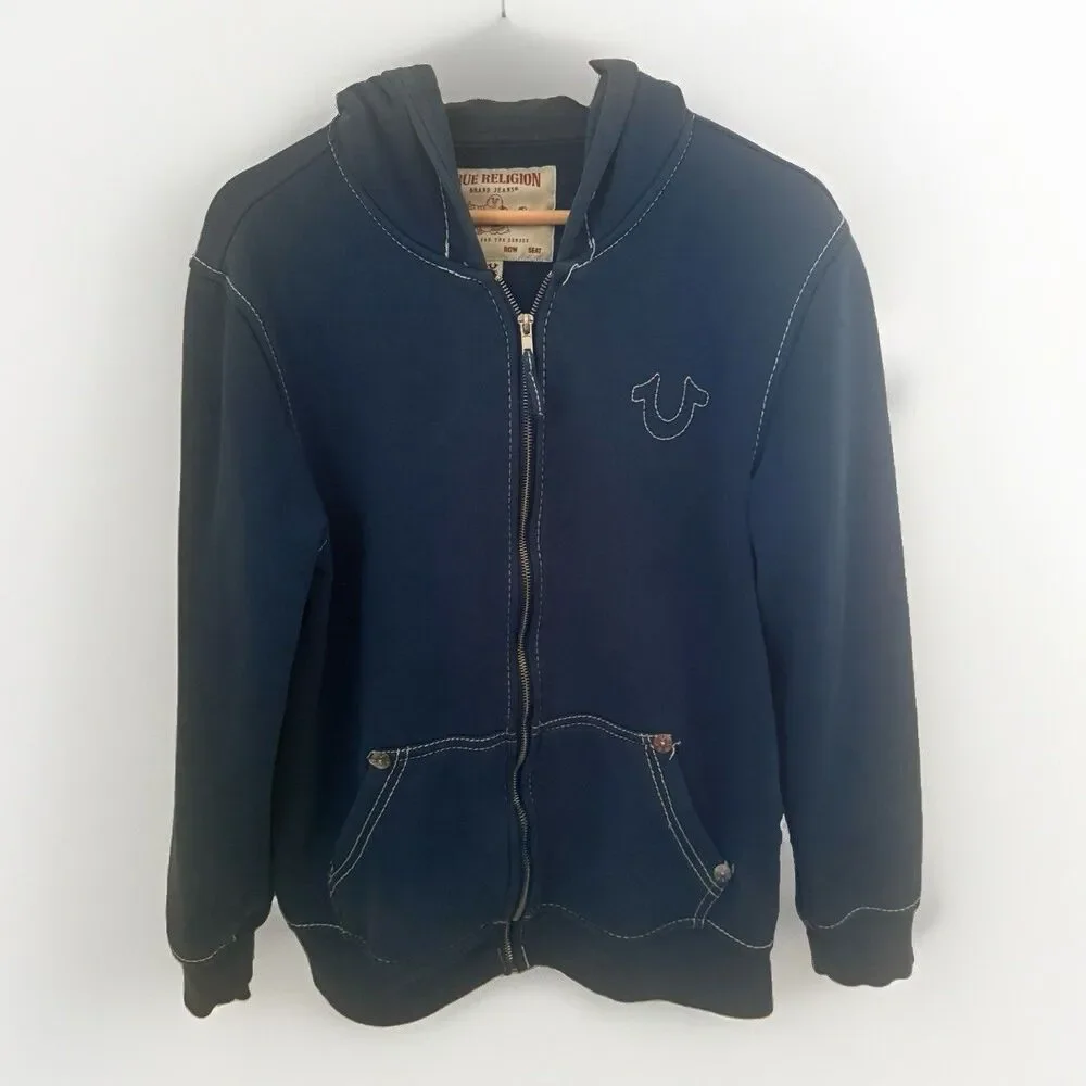 True Religion Big T Zip Up Hoodie Posiedon Blue Full Zip Jacket Medium